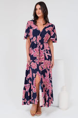 Anya Maxi Dress - Flutter Cap Sleeve Pull Tie Waist Dress in Kalia Print Navy