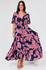Anya Maxi Dress - Flutter Cap Sleeve Pull Tie Waist Dress in Kalia Print Navy