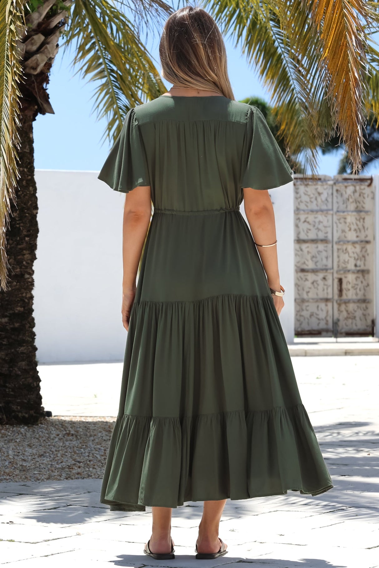 Anya Maxi Dress - Flutter Cap Sleeve Pull Tie Waist Dress in Khaki