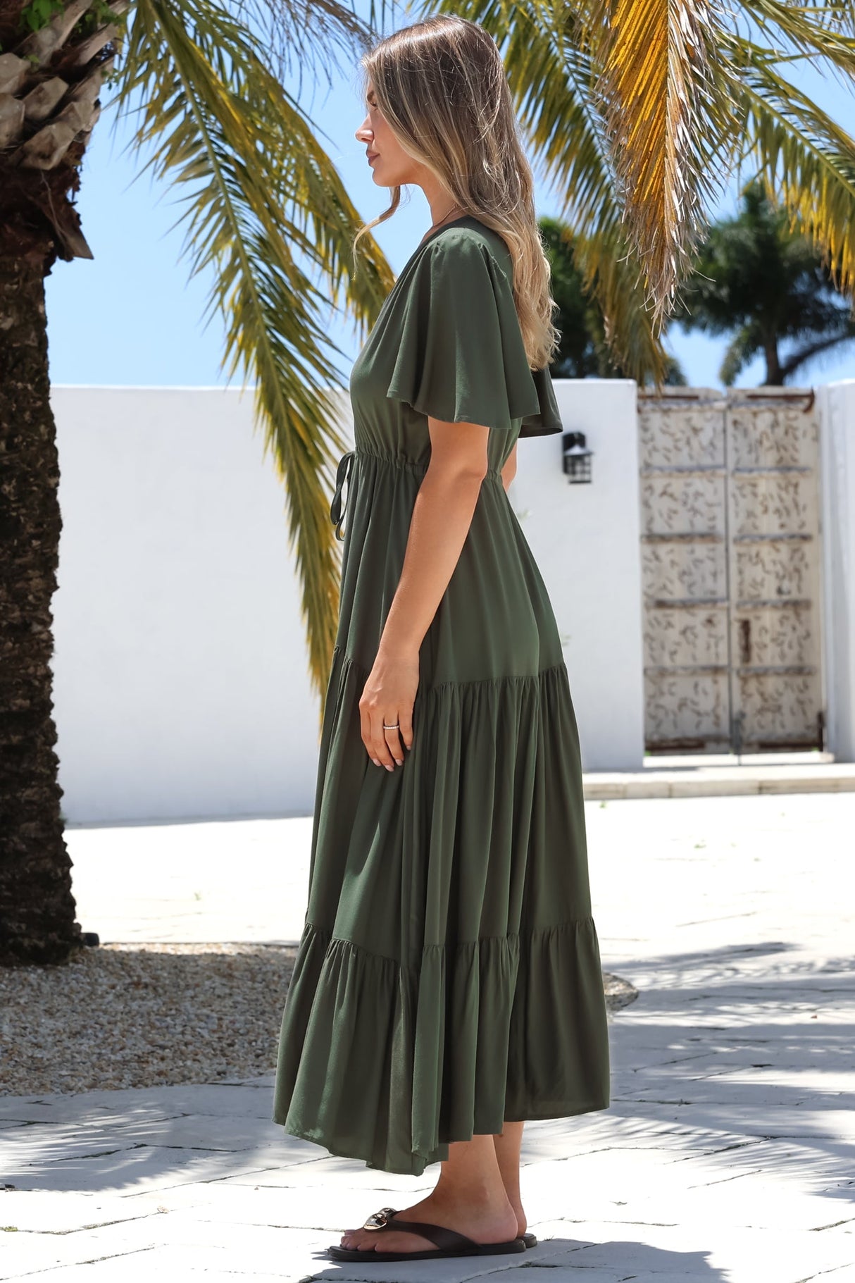 Anya Maxi Dress - Flutter Cap Sleeve Pull Tie Waist Dress in Khaki