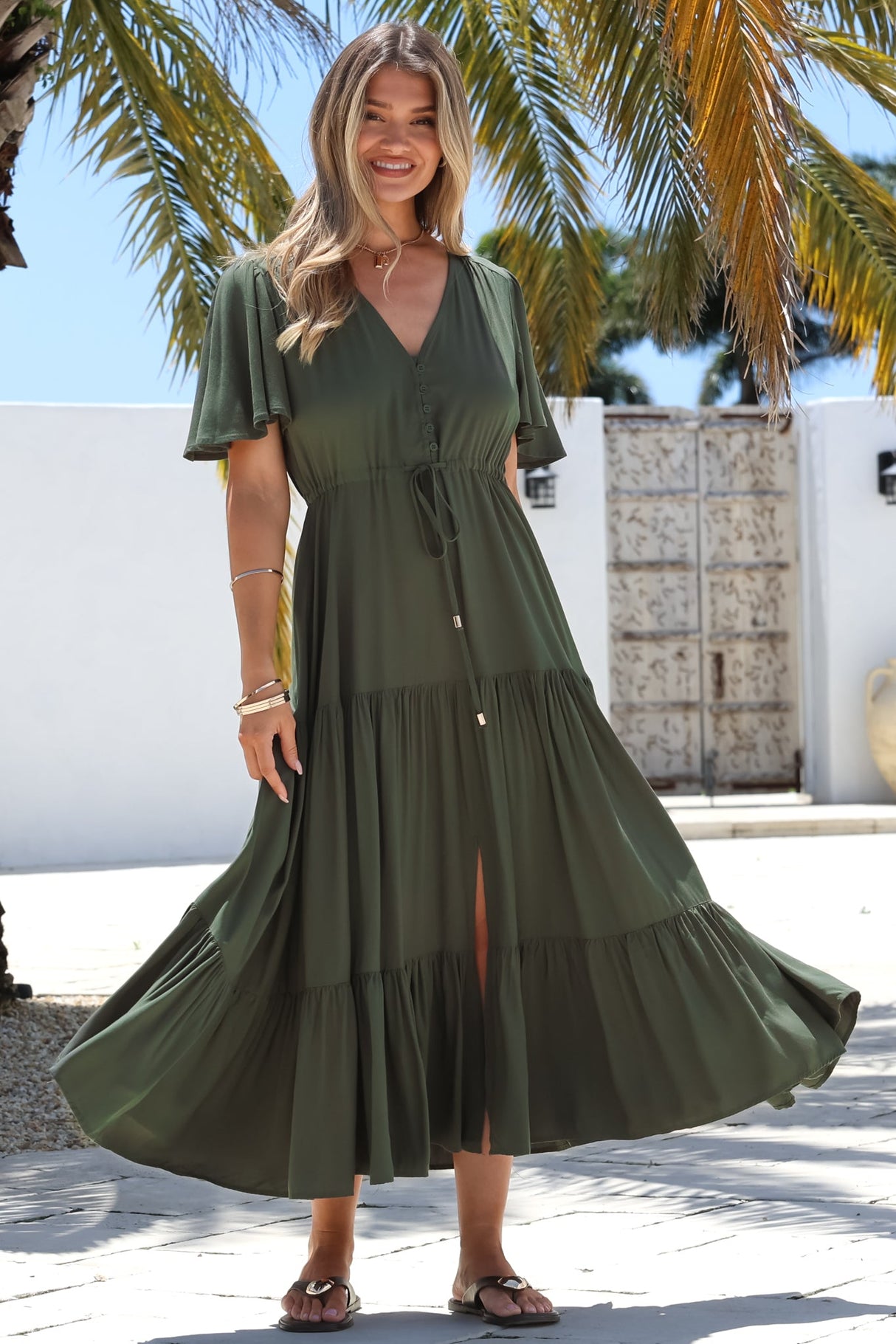 Anya Maxi Dress - Flutter Cap Sleeve Pull Tie Waist Dress in Khaki