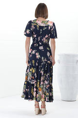 Anya Maxi Dress - Flutter Cap Sleeve Pull Tie Waist Dress in Lidye Print