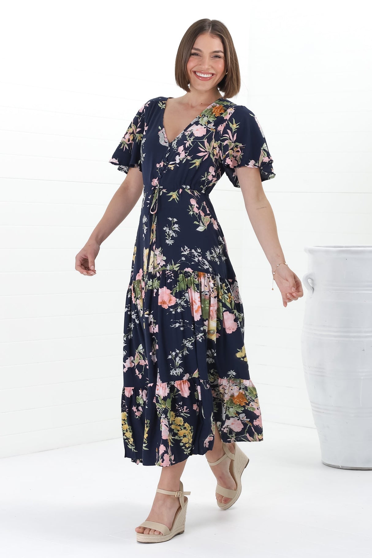 Anya Maxi Dress - Flutter Cap Sleeve Pull Tie Waist Dress in Lidye Print