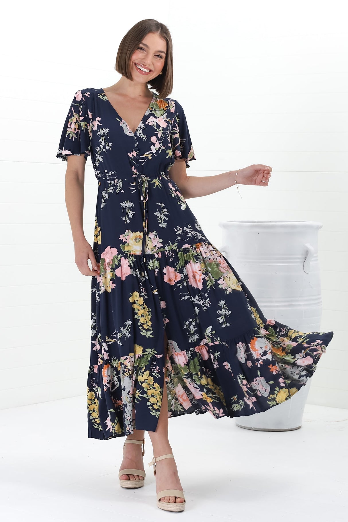 Anya Maxi Dress - Flutter Cap Sleeve Pull Tie Waist Dress in Lidye Print