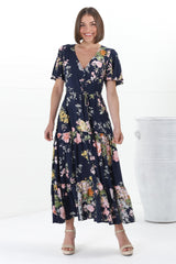 Anya Maxi Dress - Flutter Cap Sleeve Pull Tie Waist Dress in Lidye Print