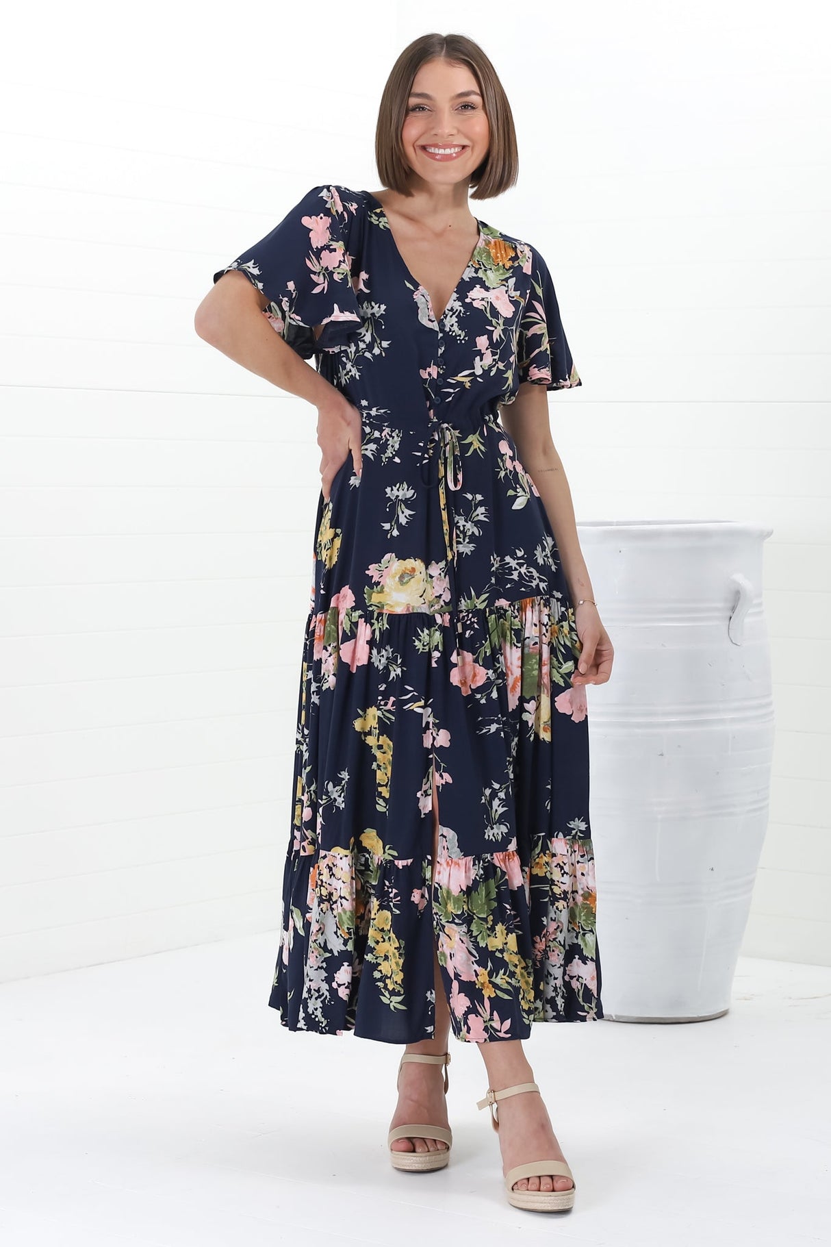 Anya Maxi Dress - Flutter Cap Sleeve Pull Tie Waist Dress in Lidye Print