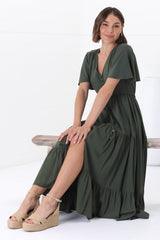 Anya Maxi Dress - Flutter Cap Sleeve Pull Tie Waist Dress in Military Green