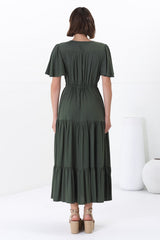 Anya Maxi Dress - Flutter Cap Sleeve Pull Tie Waist Dress in Military Green