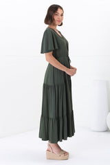 Anya Maxi Dress - Flutter Cap Sleeve Pull Tie Waist Dress in Military Green