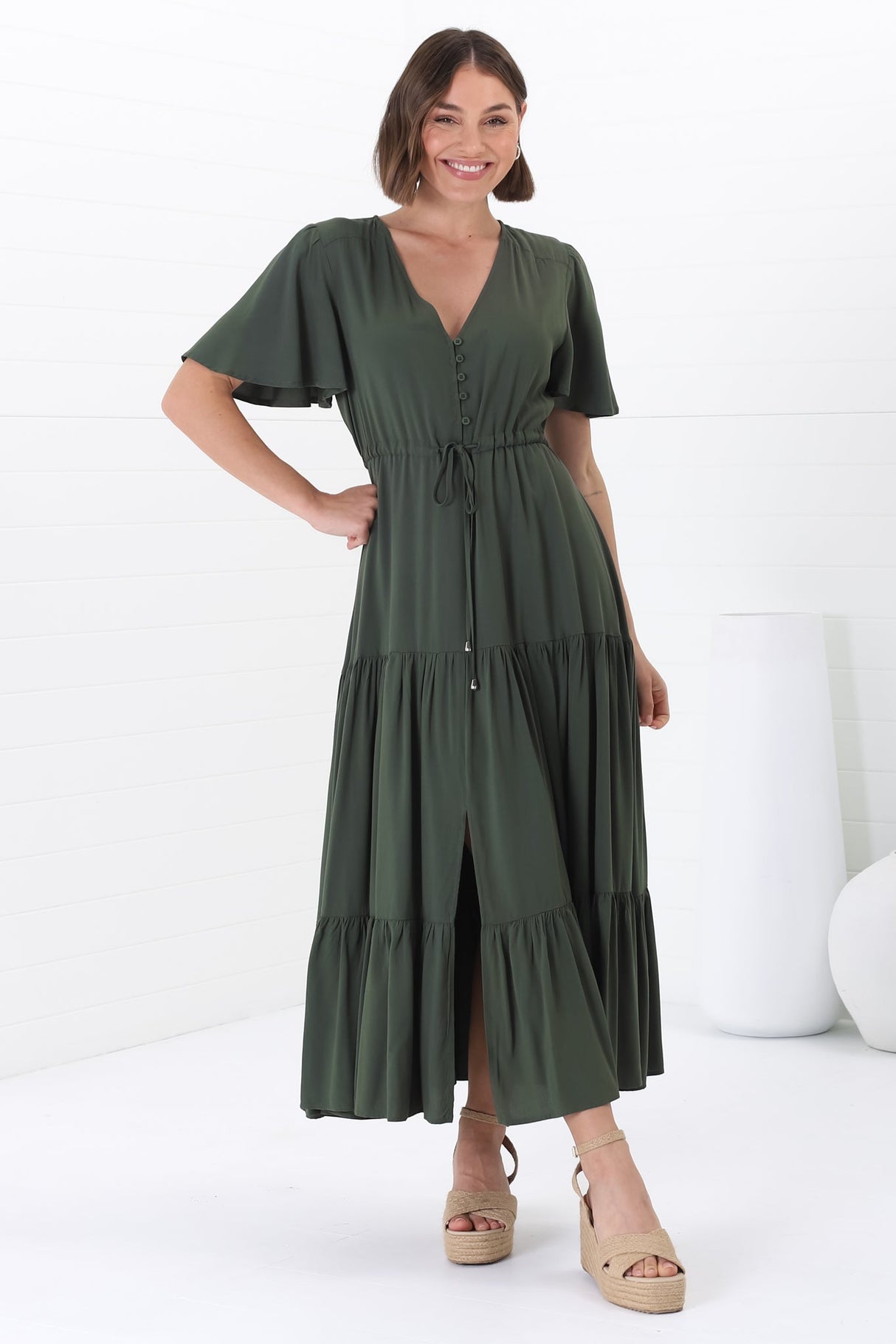 Anya Maxi Dress - Flutter Cap Sleeve Pull Tie Waist Dress in Military Green