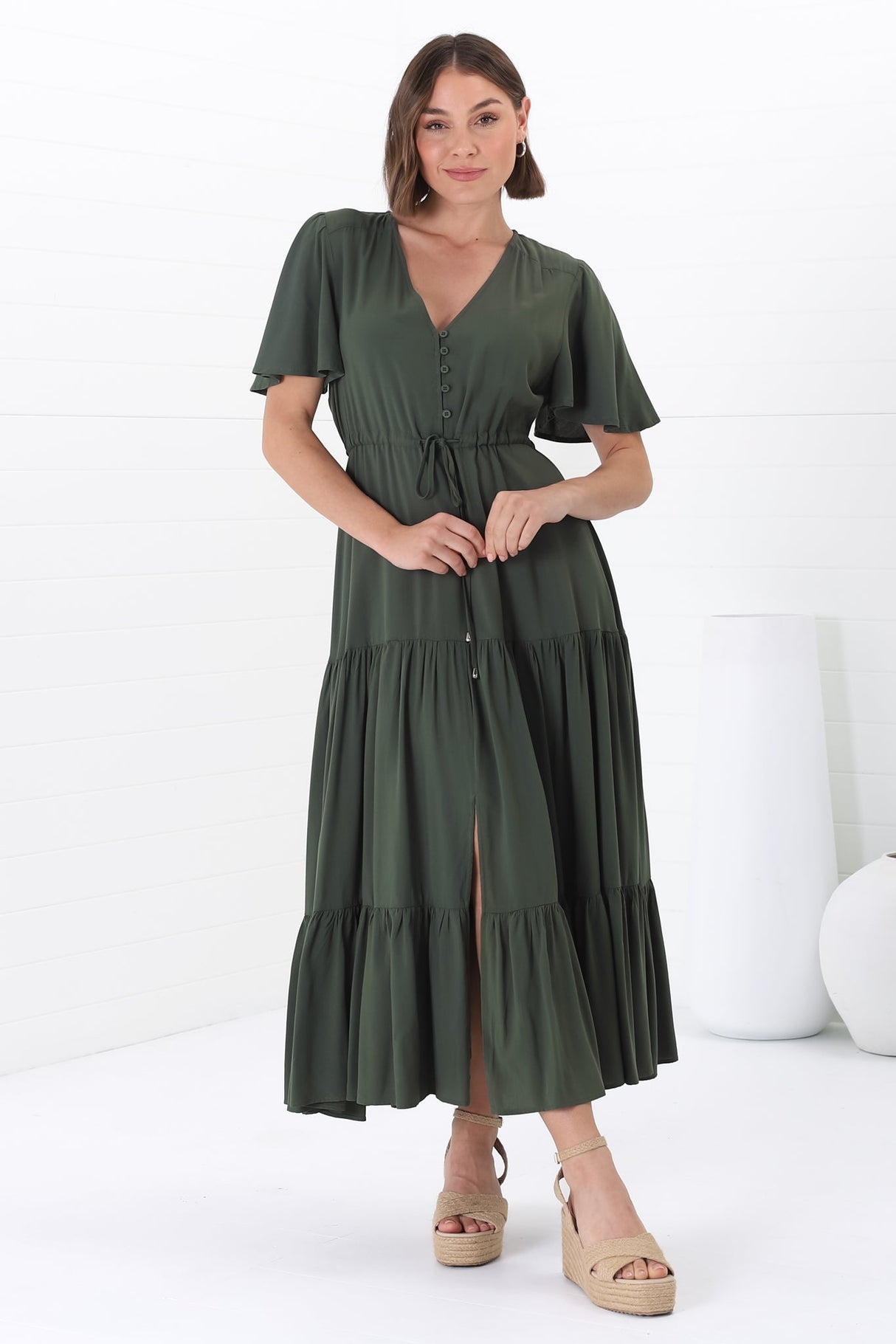 Anya Maxi Dress - Flutter Cap Sleeve Pull Tie Waist Dress in Military Green