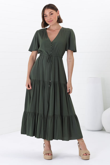 Anya Maxi Dress - Flutter Cap Sleeve Pull Tie Waist Dress in Military Green