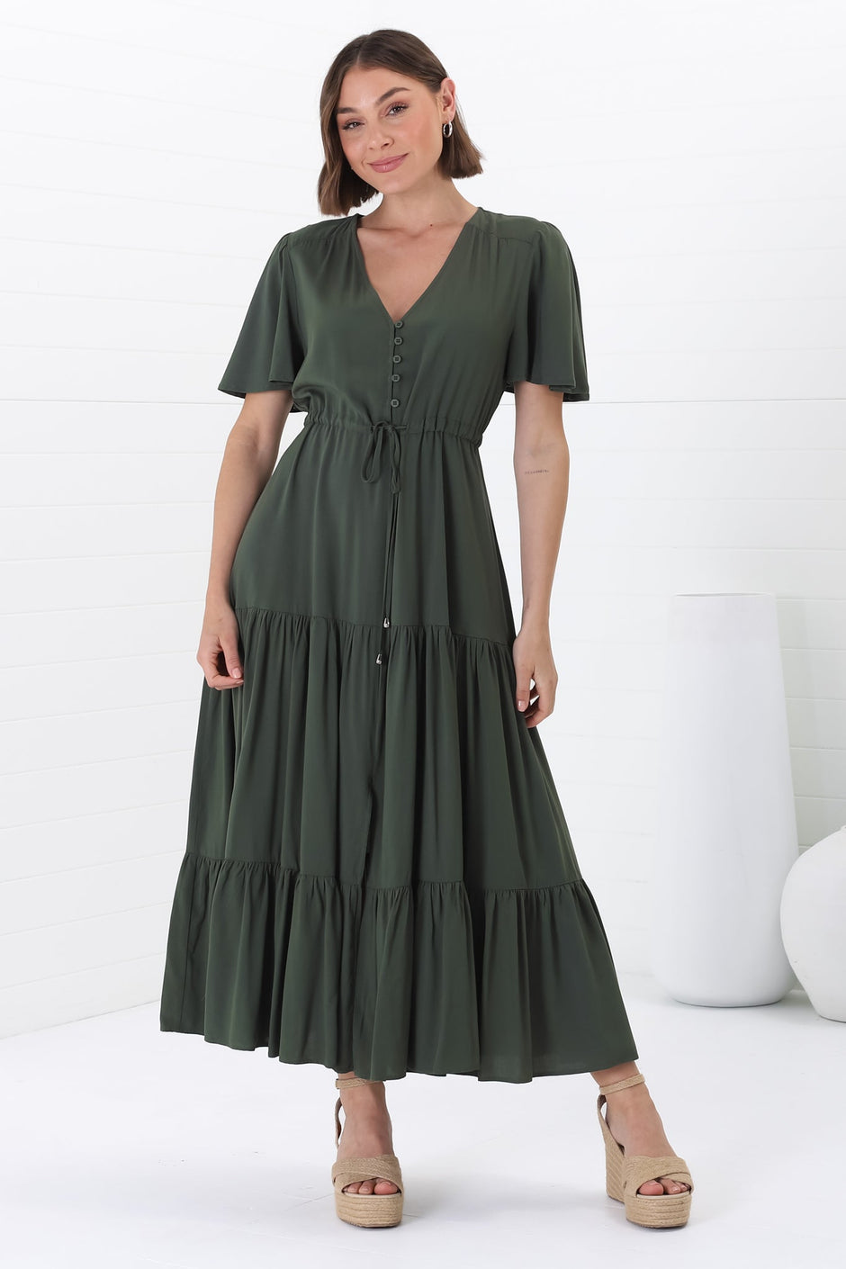 Indigo Flowers Olive Green Plus Size Rockabilly Midi Dress - Jadis
