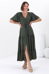 Anya Maxi Dress - Flutter Cap Sleeve Pull Tie Waist Dress in Military Green