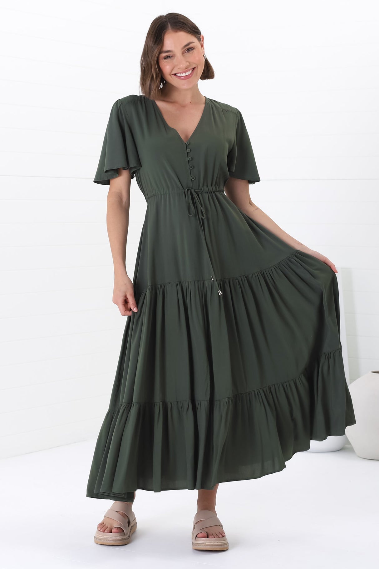 Anya Maxi Dress - Flutter Cap Sleeve Pull Tie Waist Dress in Military Green