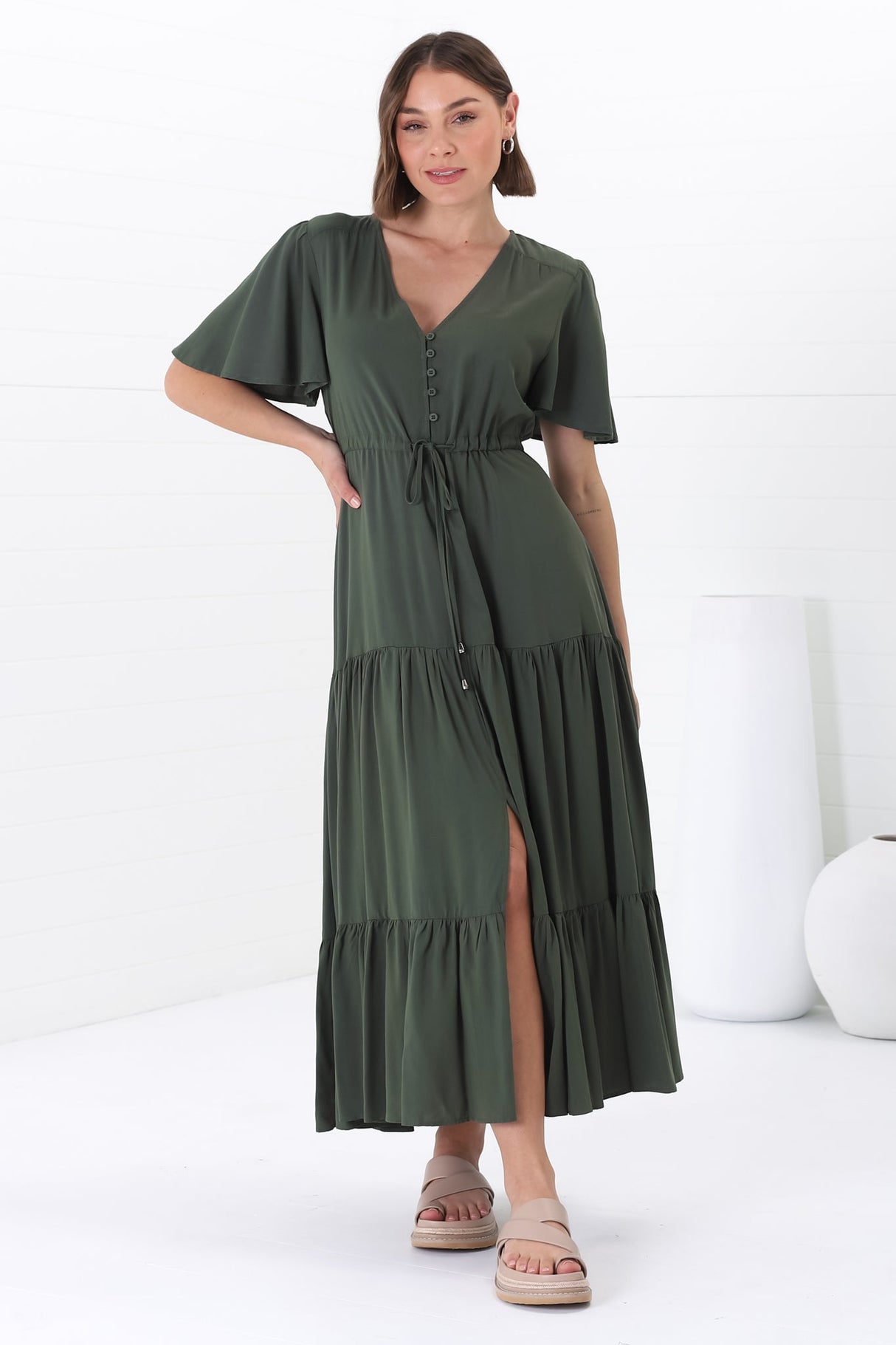 Anya Maxi Dress - Flutter Cap Sleeve Pull Tie Waist Dress in Military Green