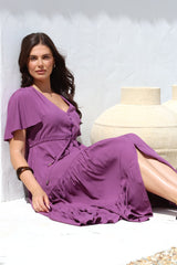 Anya Maxi Dress - Flutter Cap Sleeve Pull Tie Waist Dress in Purple