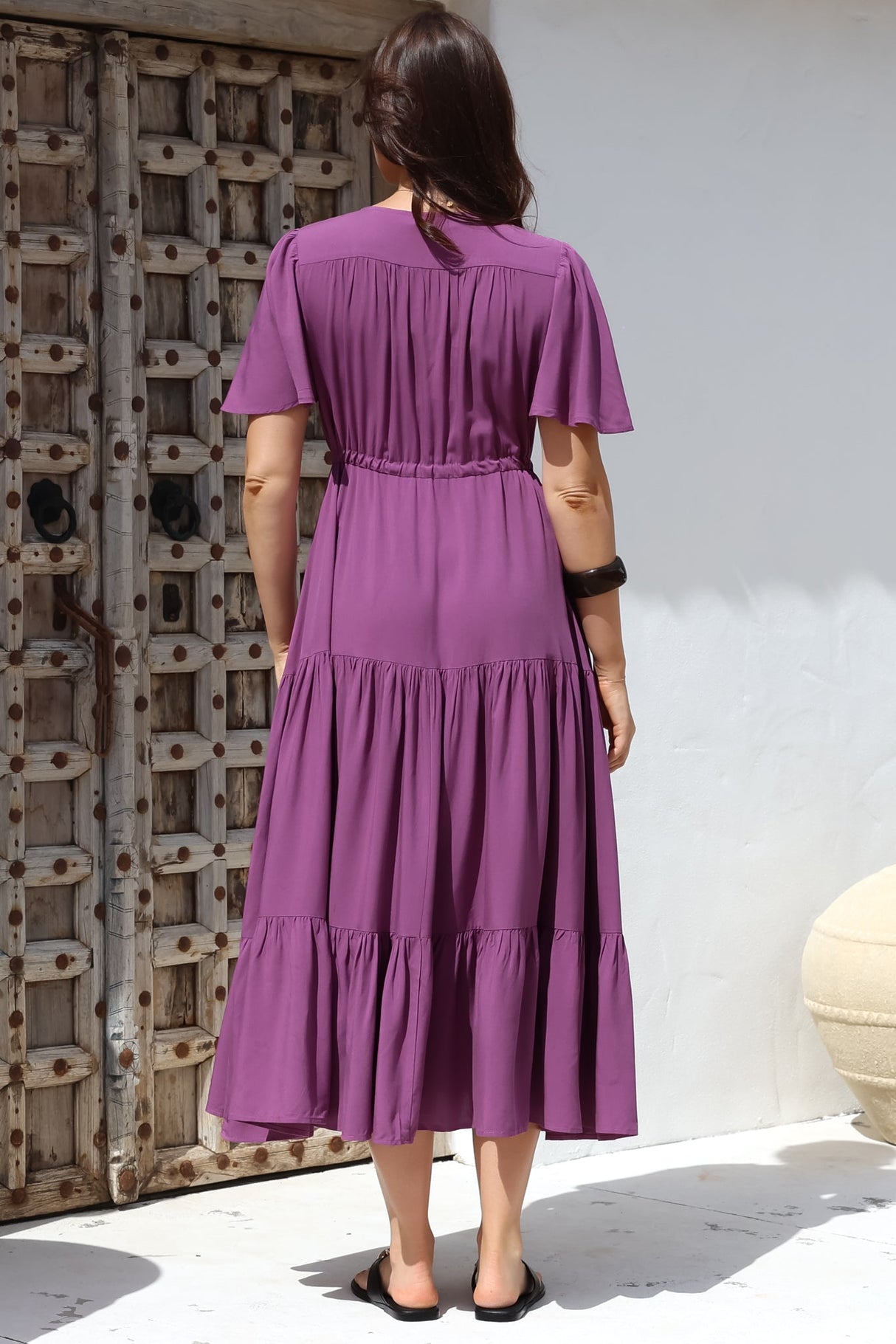 Anya Maxi Dress - Flutter Cap Sleeve Pull Tie Waist Dress in Purple