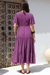 Anya Maxi Dress - Flutter Cap Sleeve Pull Tie Waist Dress in Purple
