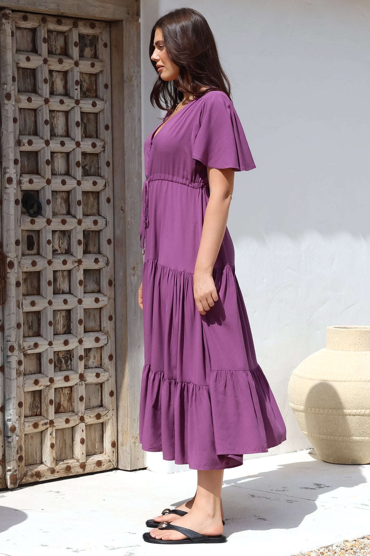 Anya Maxi Dress - Flutter Cap Sleeve Pull Tie Waist Dress in Purple