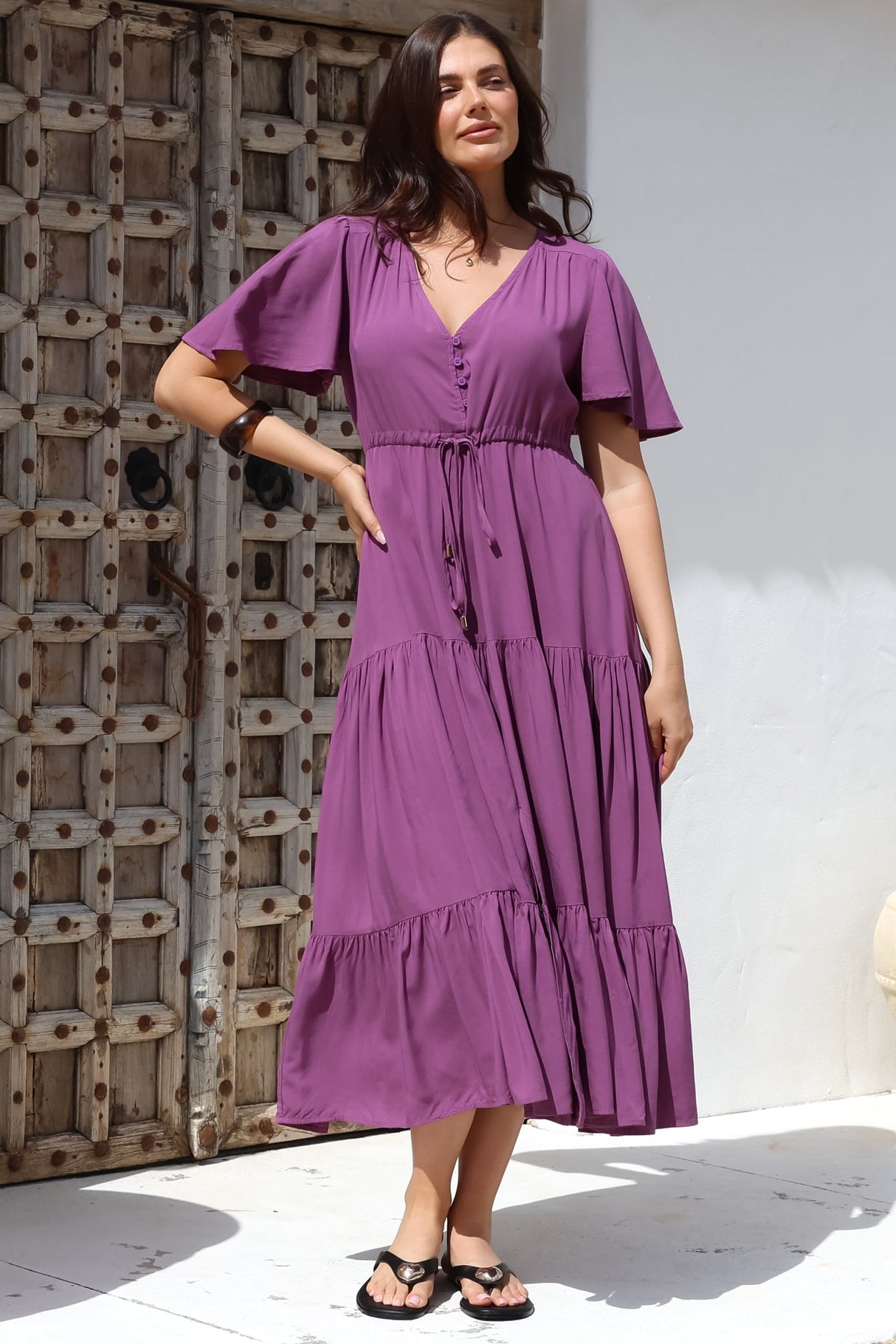 Anya Maxi Dress - Flutter Cap Sleeve Pull Tie Waist Dress in Purple