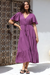 Anya Maxi Dress - Flutter Cap Sleeve Pull Tie Waist Dress in Purple