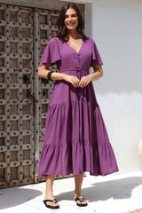 Anya Maxi Dress - Flutter Cap Sleeve Pull Tie Waist Dress in Purple