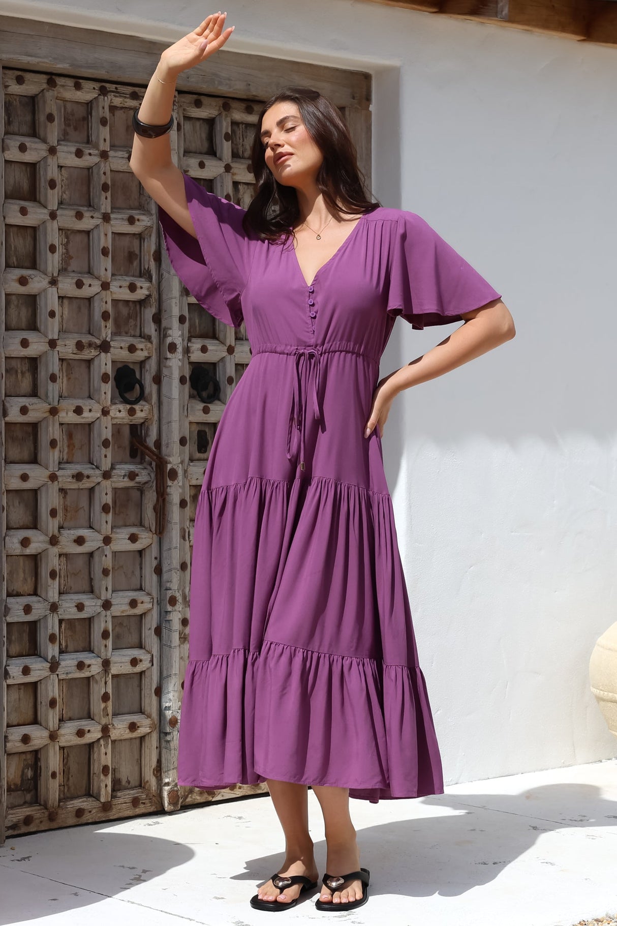 Anya Maxi Dress - Flutter Cap Sleeve Pull Tie Waist Dress in Purple
