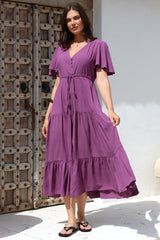 Anya Maxi Dress - Flutter Cap Sleeve Pull Tie Waist Dress in Purple