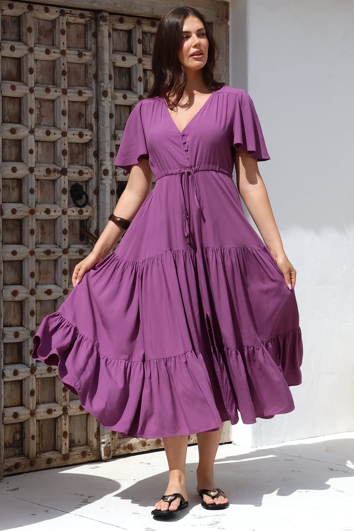 Anya Maxi Dress - Flutter Cap Sleeve Pull Tie Waist Dress in Purple