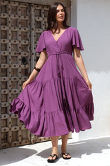 Anya Maxi Dress - Flutter Cap Sleeve Pull Tie Waist Dress in Purple
