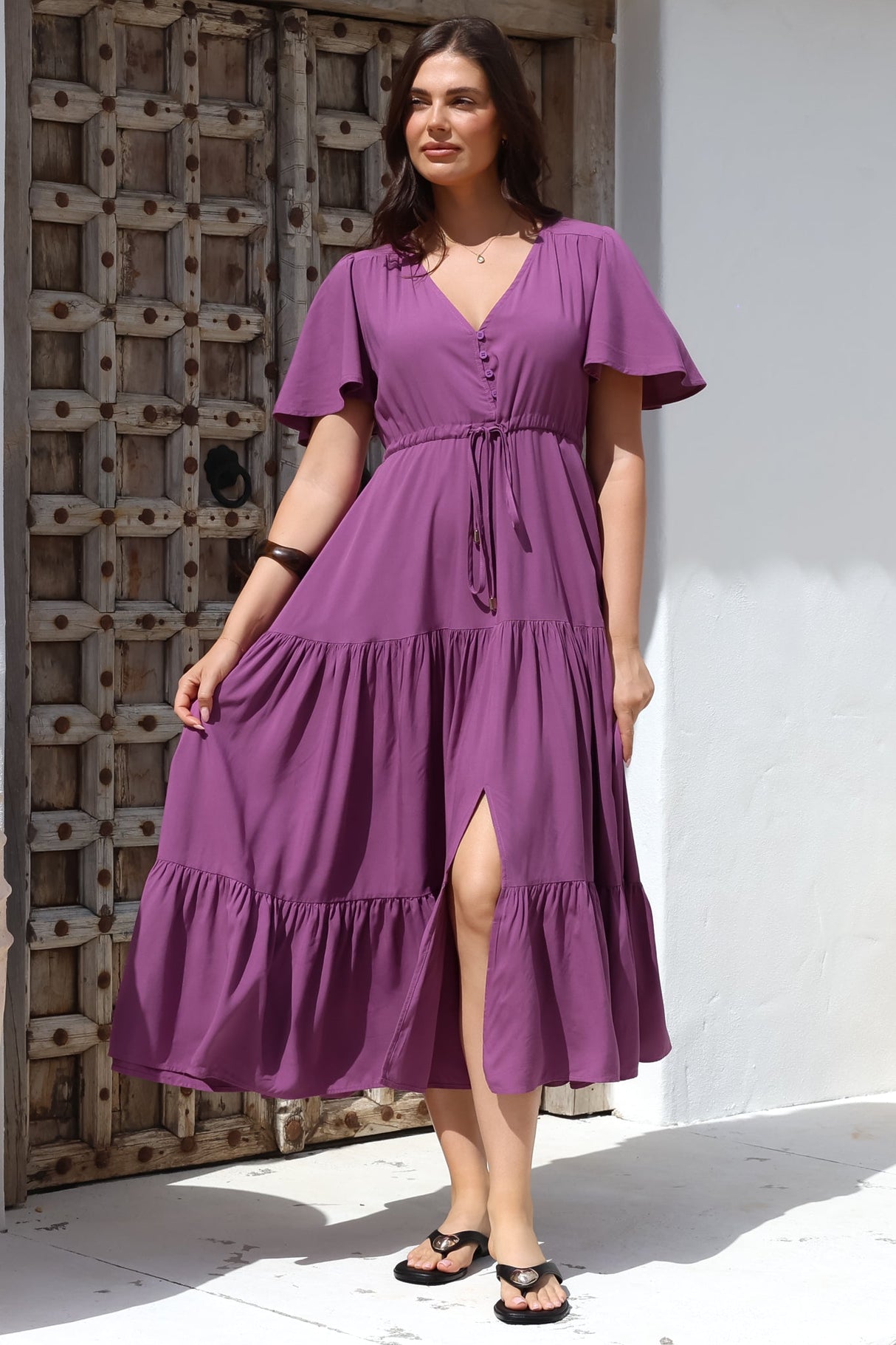 Anya Maxi Dress - Flutter Cap Sleeve Pull Tie Waist Dress in Purple