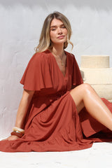 Anya Maxi Dress - Flutter Cap Sleeve Pull Tie Waist Dress in Rust