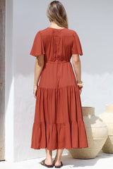 Anya Maxi Dress - Flutter Cap Sleeve Pull Tie Waist Dress in Rust