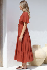 Anya Maxi Dress - Flutter Cap Sleeve Pull Tie Waist Dress in Rust