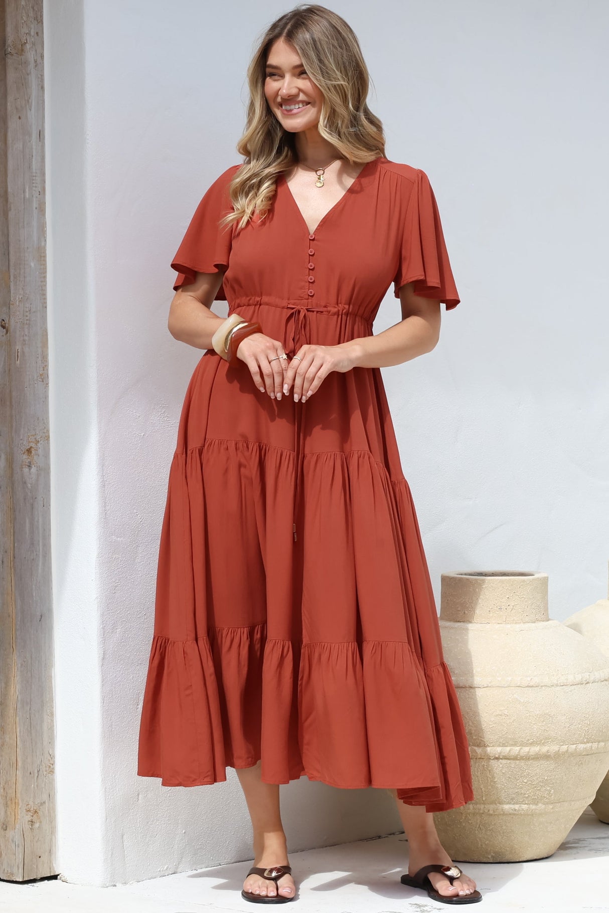 Anya Maxi Dress - Flutter Cap Sleeve Pull Tie Waist Dress in Rust