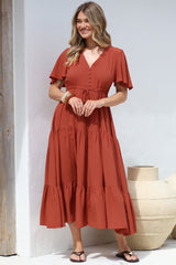 Anya Maxi Dress - Flutter Cap Sleeve Pull Tie Waist Dress in Rust