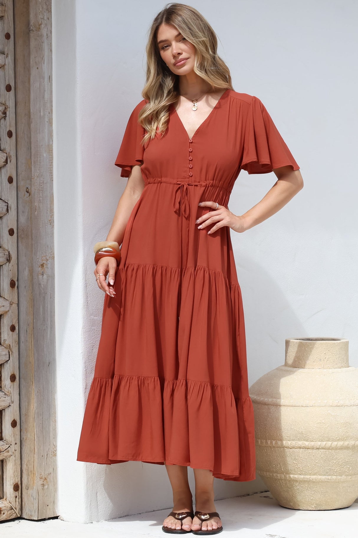 Anya Maxi Dress - Flutter Cap Sleeve Pull Tie Waist Dress in Rust