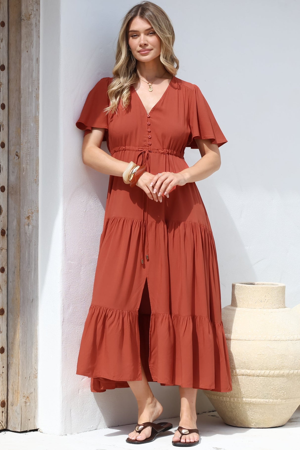 Anya Maxi Dress - Flutter Cap Sleeve Pull Tie Waist Dress in Rust