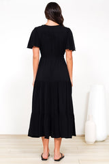 Anya Maxi Dress - Flutter Cap Sleeve Pull Tie Waist Dress in Black
