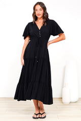 Anya Maxi Dress - Flutter Cap Sleeve Pull Tie Waist Dress in Black