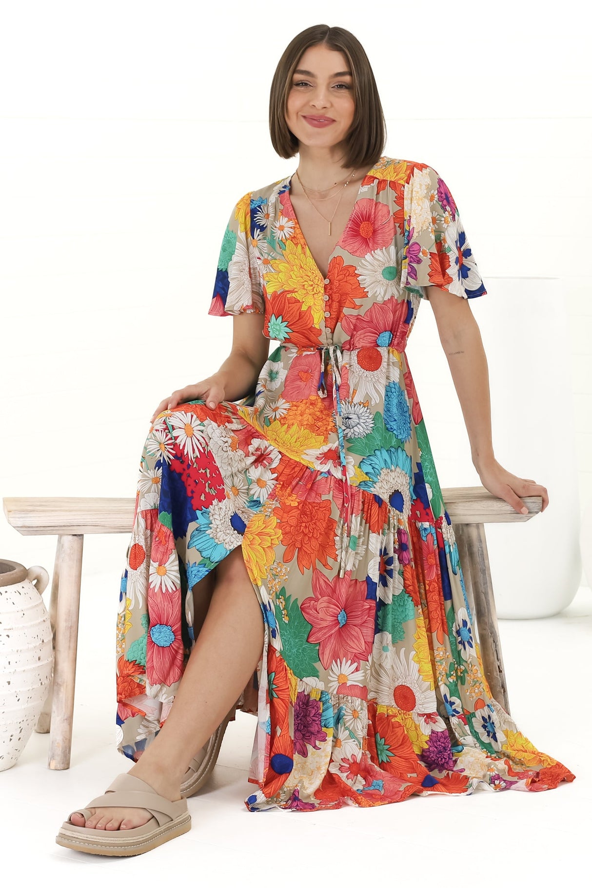 Anya Maxi Dress - Flutter Cap Sleeve Pull Tie Waist Dress in Tully Print