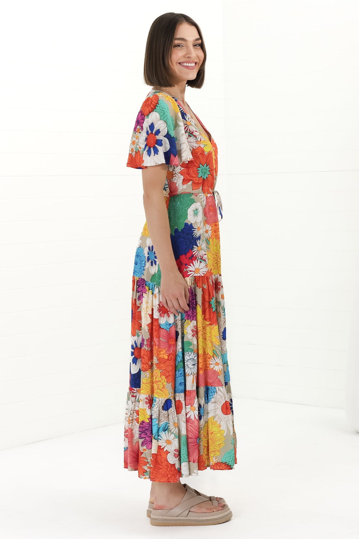 Anya Maxi Dress - Flutter Cap Sleeve Pull Tie Waist Dress in Tully Print