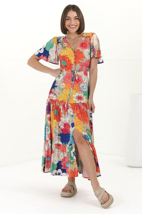 Anya Maxi Dress - Flutter Cap Sleeve Pull Tie Waist Dress in Tully Print