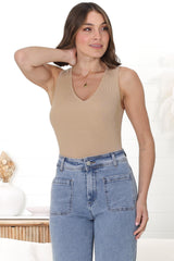 April Knit Top - V Neck Ribbed Singlet in Beige