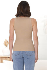 April Knit Top - V Neck Ribbed Singlet in Beige