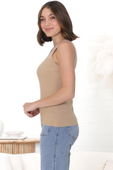 April Knit Top - V Neck Ribbed Singlet in Beige