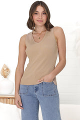 April Knit Top - V Neck Ribbed Singlet in Beige