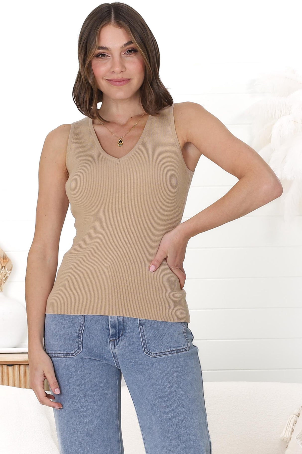 April Knit Top - V Neck Ribbed Singlet in Beige