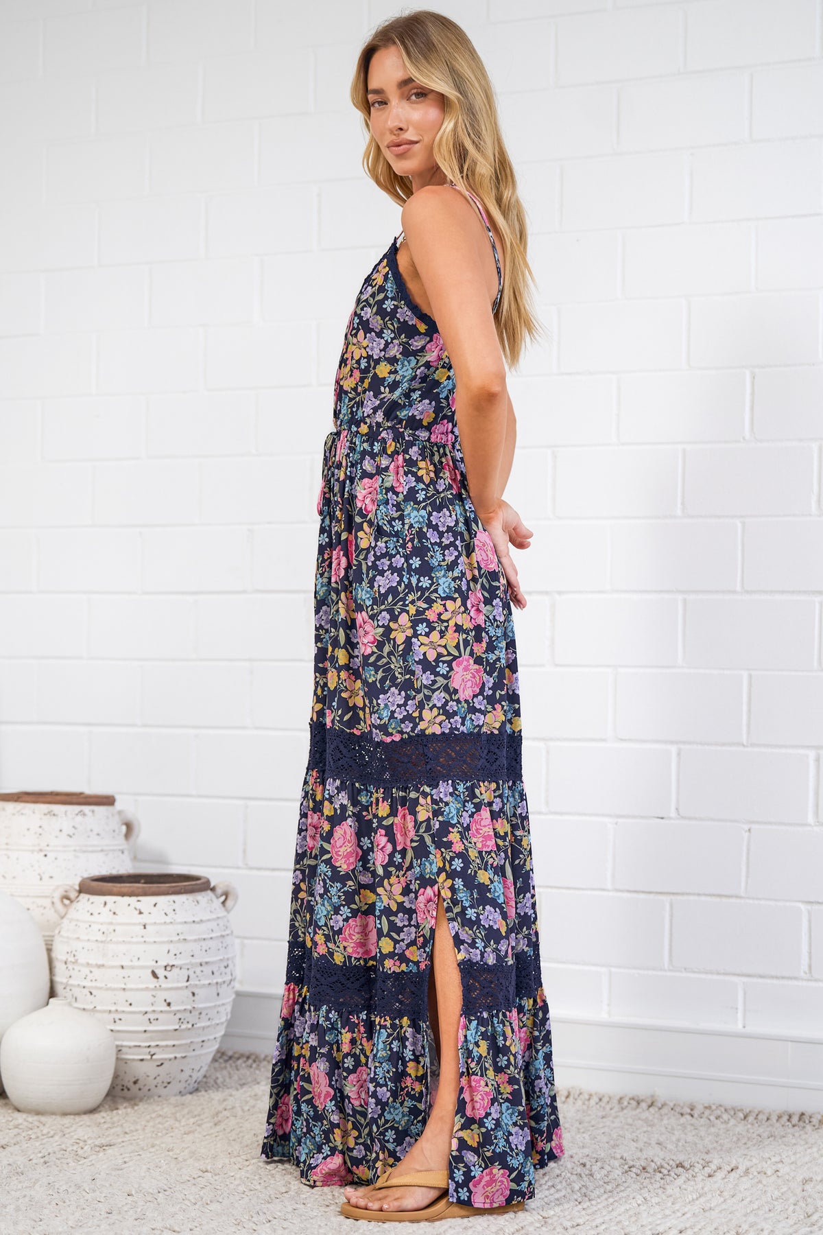 April Maxi Dress - V Neck Lace Spliced Sun Dress with Side Splits in Antonia Print Navy